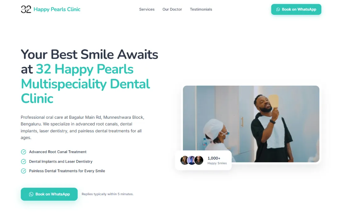 The clinic's home page: “Your Best Smile Awaits at 32 Happy Pearls Multispeciality Dental Clinic” beside a Book on WhatsApp button.