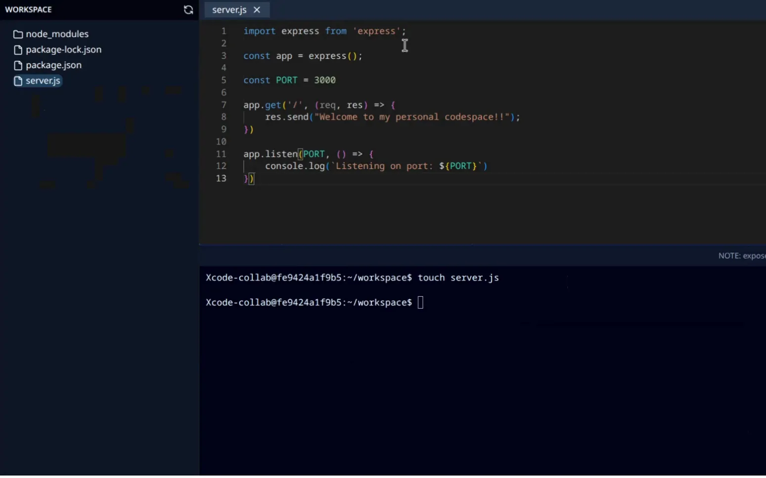 A Code Collab workspace in the browser: a file tree, an Express server.js open in the editor and a terminal below.