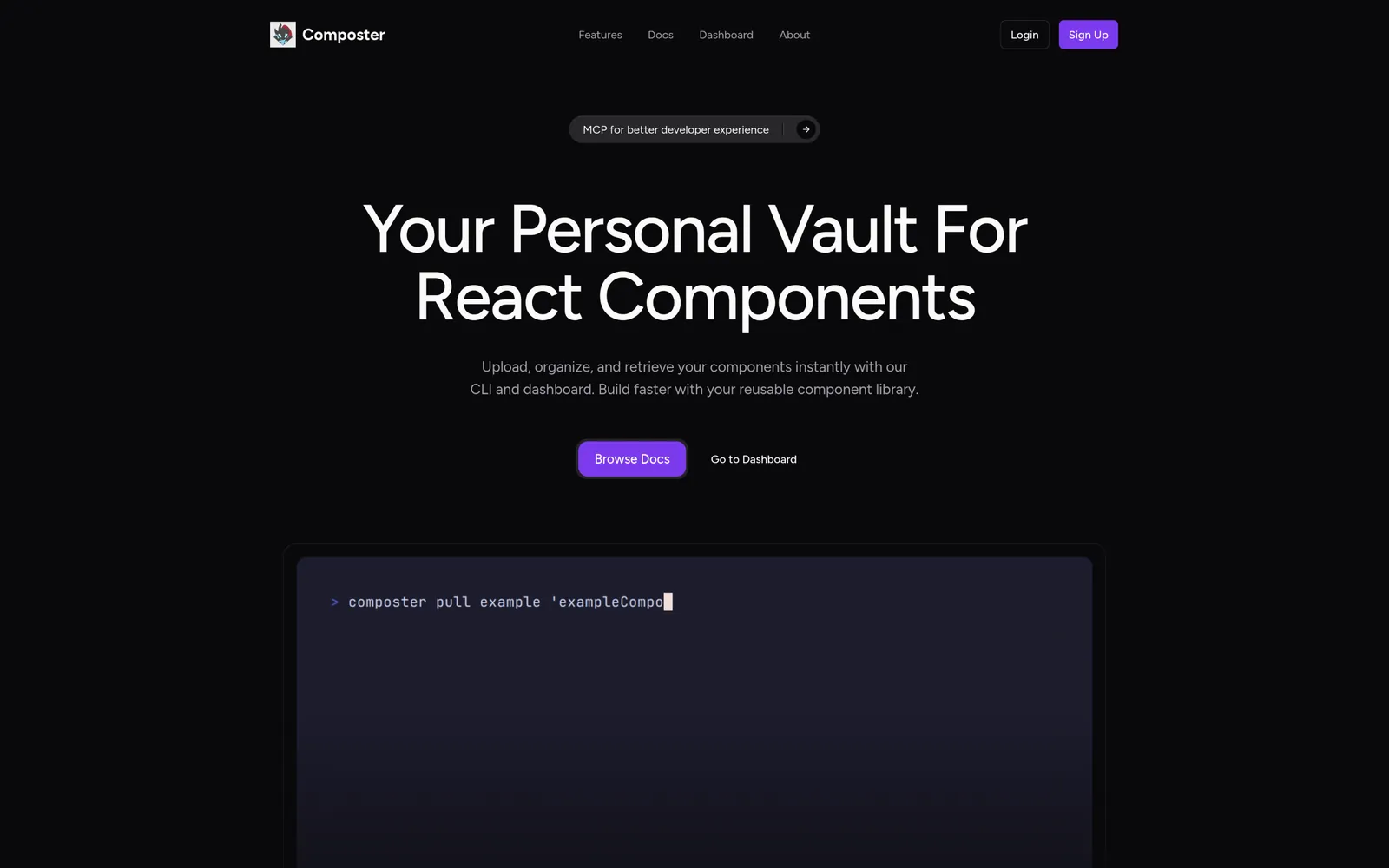 Composter's landing page: “Your Personal Vault For React Components” above a terminal running composter pull.